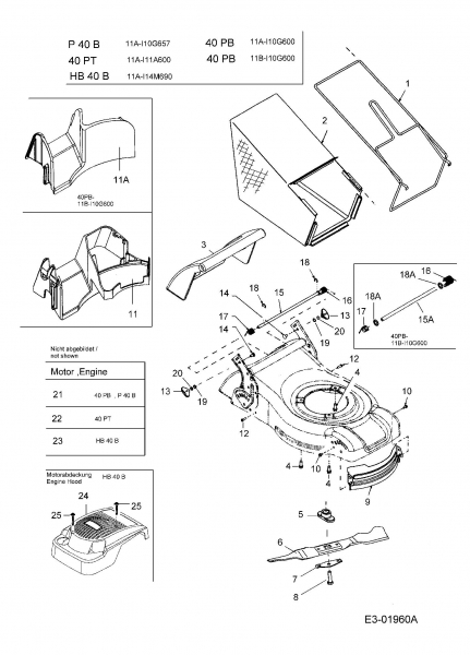 Ersatzteile MTD Benzin Rasenmäher ohne Antrieb 40 PB Typ: 11B-I10G600  (2005) Grasfangsack, Messer, Motor 
