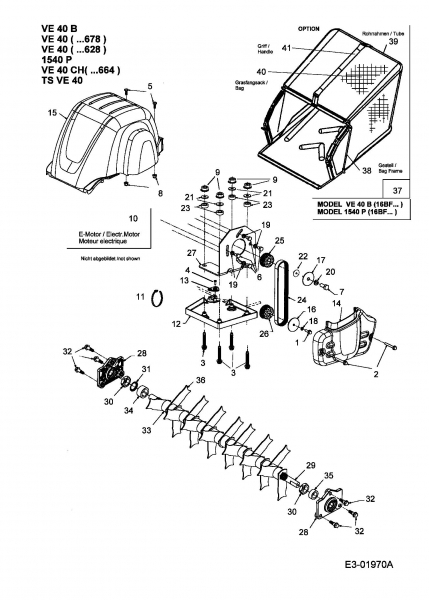 Ersatzteile MTD Elektro Vertikutierer VE 40 Typ: 16BE5AEA664  (2005) Fangsack, Messerwalze, Motor 