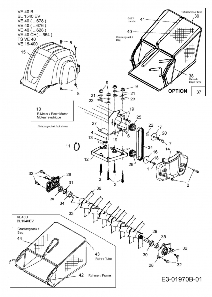 Ersatzteile MTD Elektro Vertikutierer VE 40 Typ: 16BE5AEA678  (2006) Fangsack, Messerwalze, Motor 