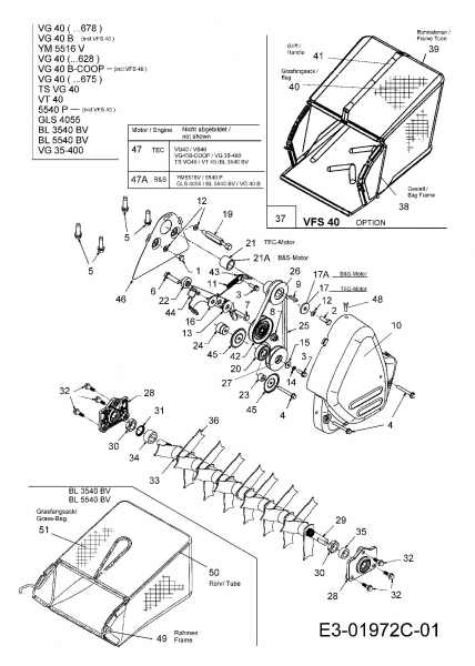 Ersatzteile Bolens Motorvertikutierer BL 5540 BV Typ: 16BH5A0E684 (2007) Fangsack, Keilriemen, Messerwalze