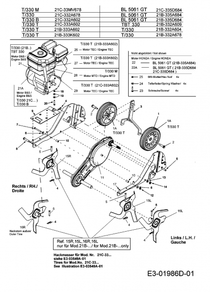 Ersatzteile MTD Motorhacke T 330/50 Typ: 21B-333K602  (2007) Hacksterne, Motor, Räder 