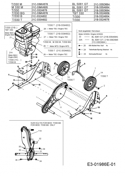 Ersatzteile MTD Motorhacke T 330 T Typ: 21C-333A602  (2008) Hackwerk, Räder, Motor 