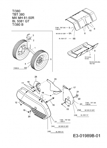 Ersatzteile Troy-Bilt Motorhacken TBT 380 Typ: 21B-382A609  (2007) Keilriemenschutz, Räder, Schutzblech Hackwerk