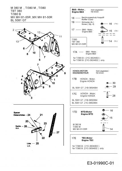 Ersatzteile MTD Motorhacke T 380 T Typ: 21C-383A602  (2009) Motor, Rahmen, Sporn 