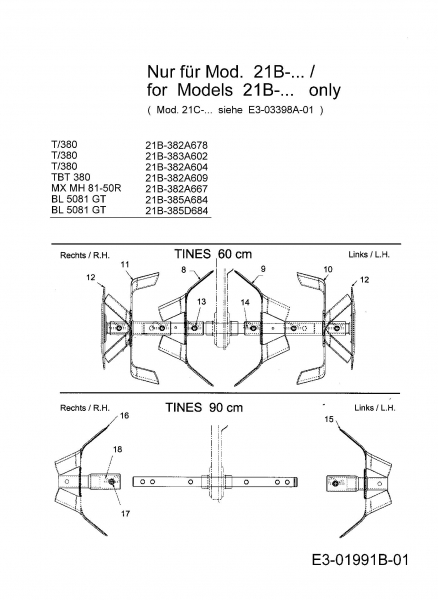 Ersatzteile MTD Motorhacke T 380/50 Typ: 21B-383A602  (2007) Getriebe, Hacksterne 