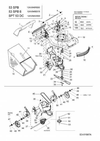 Ersatzteile MTD Benzin Rasenmäher mit Antrieb SPT 53 DC Typ: 12AV845V600  (2005) Getriebe, Grasfangsack, Messer, Motor 