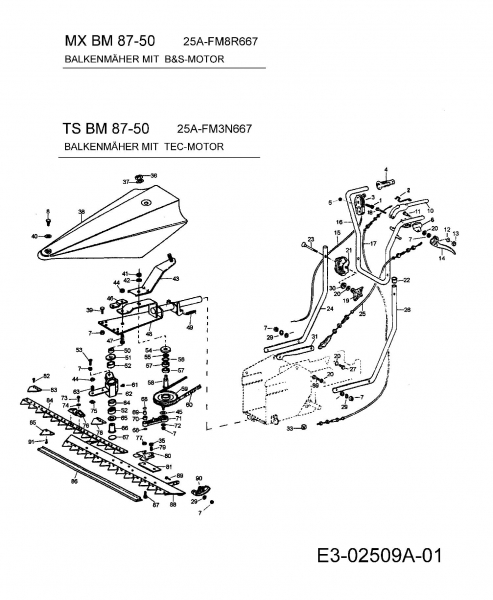 Ersatzteile Turbo Silent Balkenmäher TSBM 87-50 Typ: 25A-FM3N667  (2005) Bowdenzüge, Holm, Mähbalken