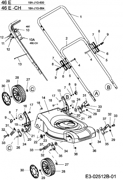 Ersatzteile MTD Elektro Rasenmäher ohne Antrieb 46 E Typ: 18A-J1G-600  (2006) Höhenverstellung, Holm, Räder 