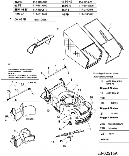 Ersatzteile Budget Motormäher BBM 46 BS Typ: 11A-J10G619  (2005) Grasfangsack, Messer, Motor