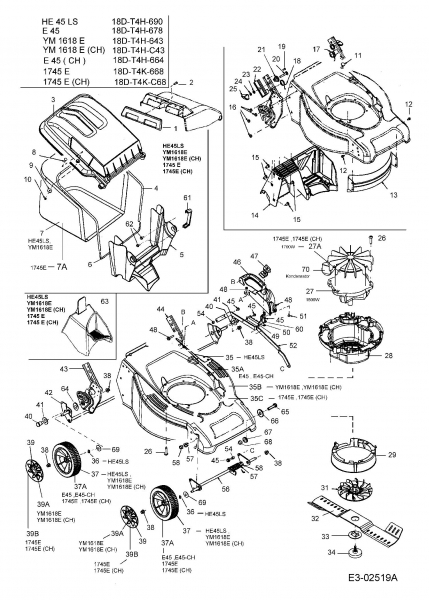 Ersatzteile MTD Elektro Rasenmäher ohne Antrieb E 45 Typ: 18D-T4H-678  (2005) Elektromotor, Grasfangsack, Höhenverstellung, Messer 