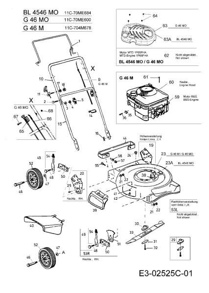 Ersatzteile MTD Benzin Rasenmäher ohne Antrieb G 46 MO Typ: 11C-70ME600  (2007) Grundgerät 