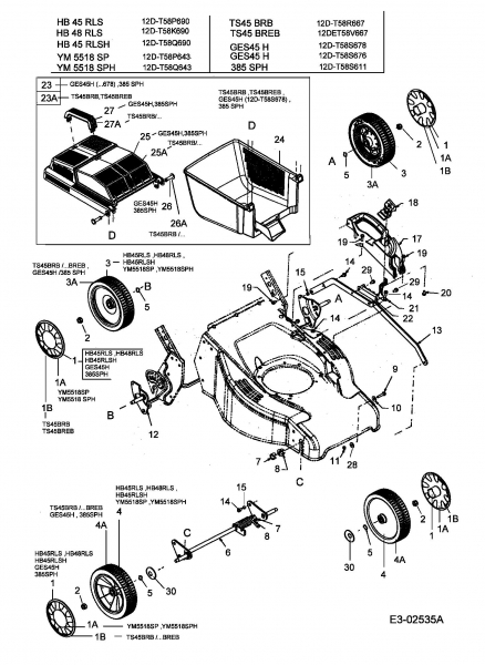 Ersatzteile Turbo Silent Motormäher mit Antrieb TS 45 BR-B Typ: 12D-T58R667  (2005) Grasfangkorb, Höhenverstellung, Räder