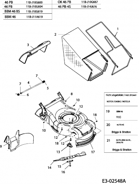 Ersatzteile Budget Motormäher BBM 46 BS Typ: 11B-J10G619  (2005) Grasfangsack, Messer, Motor