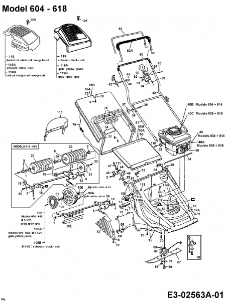 Ersatzteile MTD Benzin Rasenmäher ohne Antrieb GE 46 X Typ: 116-604A678  (1996) Grasfangsack, Holm, Messer, Motor 