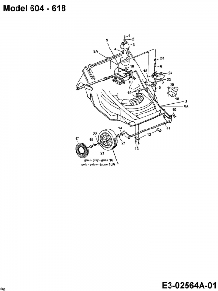 Ersatzteile MTD Benzin Rasenmäher ohne Antrieb GE 46 X Typ: 116-604A678  (1996) Höhenverstellung, Räder vorne 