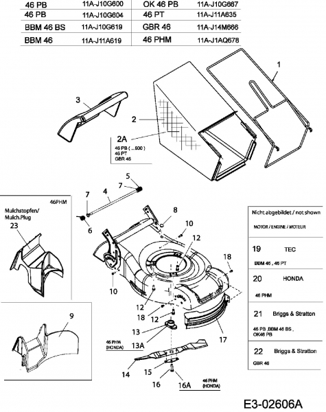 Ersatzteile Gutbrod Motormäher 46 PB Typ: 11A-J10G604  (2006) Grasfangsack, Messer, Motor, Mulchstopfen