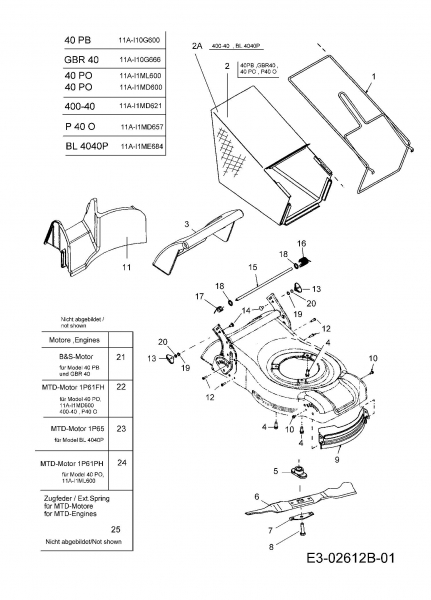 Ersatzteile MTD Benzin Rasenmäher ohne Antrieb 40 PO Typ: 11A-I1ML600  (2007) Grasfangsack, Messer, Motor 