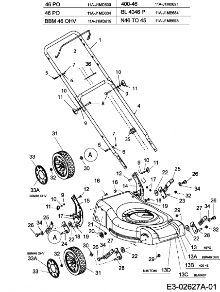 Ersatzteile Budget Motormäher BBM 46-OHV Typ: 11A-J1MD619  (2006) Höhenverstellung, Holm, Räder