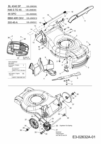 Ersatzteile MTD Benzin Rasenmäher mit Antrieb 46 SPO Typ: 12B-J2MD600  (2006) Getriebe, Messer, Motor 