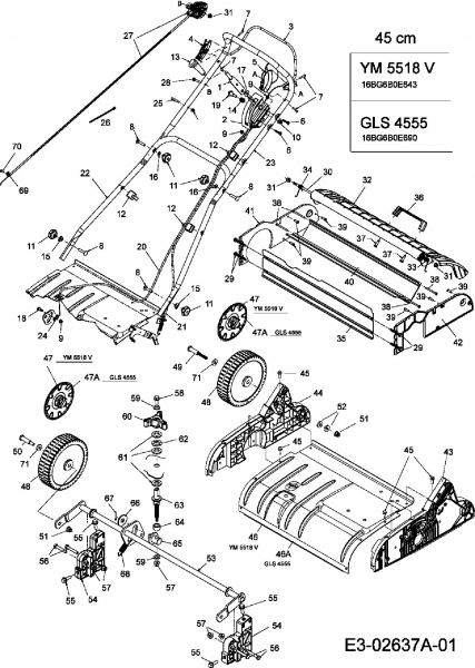 Ersatzteile Gutbrod Motorvertikutierer GLS 4555 Typ: 16BG6B0E690  (2006) Holm, Höhenverstellung, Räder