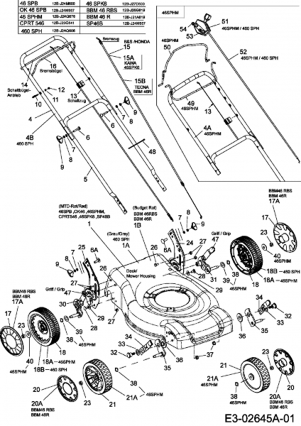 Ersatzteile MTD Benzin Rasenmäher mit Antrieb 46 SPB Typ: 12B-J24M600  (2006) Höhenverstellung, Holm, Räder 