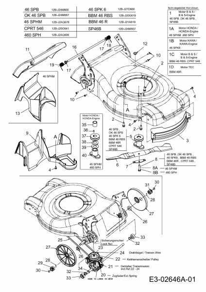 Ersatzteile MTD Benzin Rasenmäher mit Antrieb 46 SPK 6 Typ: 12B-J27D600  (2006) Getriebe, Messer, Motor, Mulchstopfen 