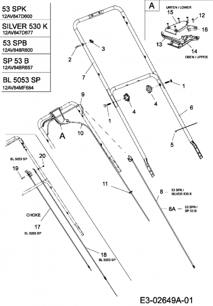 Ersatzteile MTD Benzin Rasenmäher mit Antrieb 53 SPK Typ: 12AV847D600  (2006) Holm 