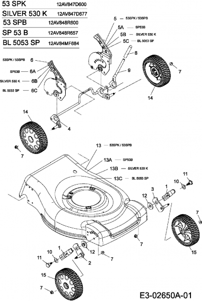 Ersatzteile MTD Benzin Rasenmäher mit Antrieb 53 SPK Typ: 12AV847D600  (2006) Höhenverstellung, Räder 