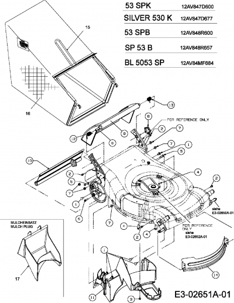 Ersatzteile MTD Benzin Rasenmäher mit Antrieb 53 SPK Typ: 12AV847D600  (2006) Grasfangsack, Leitblech vorn, Mulchstopfen 