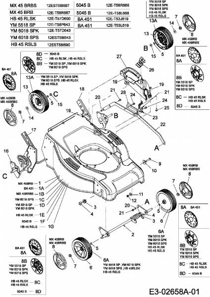Ersatzteile Fleurelle Motormäher mit Antrieb BA 451 Typ: 12E-T53J619  (2006) Höhenverstellung, Räder
