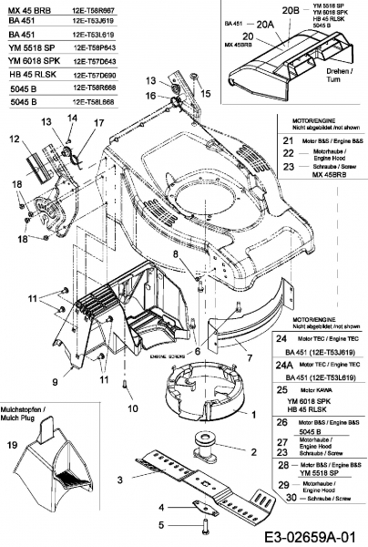 Ersatzteile Fleurelle Motormäher mit Antrieb BA 451 Typ: 12E-T53J619  (2006) Messer, Messeraufnahme, Motor
