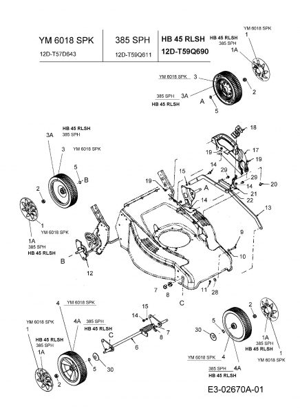 Ersatzteile Lawnflite Motormäher mit Antrieb 385 SPH Typ: 12D-T59Q611  (2006) Höhenverstellung, Räder