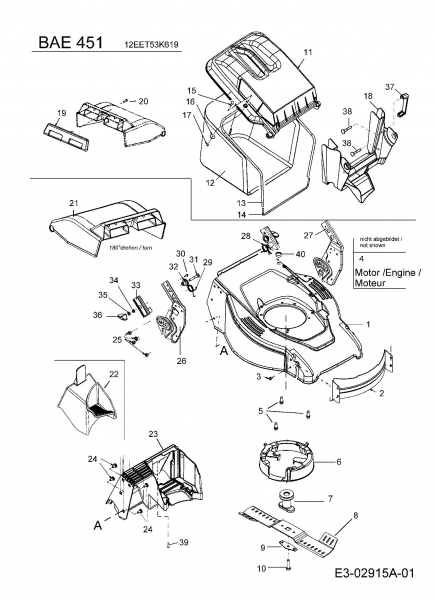 Ersatzteile Fleurelle Motormäher mit Antrieb BAE 451 Typ: 12EET53K619  (2006) Grasfangsack, Messer, Motor, Mulchstopfen