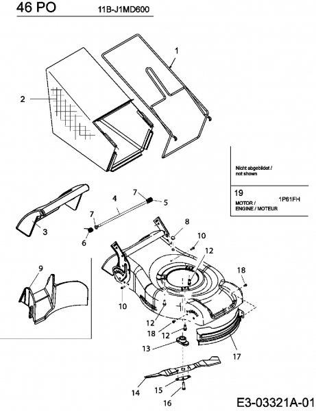 Ersatzteile MTD Benzin Rasenmäher ohne Antrieb 46 PO Typ: 11B-J1MD600  (2007) Grasfangsack, Messer, Motor 