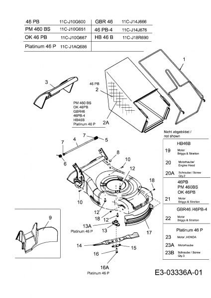 Ersatzteile MTD Benzin Rasenmäher ohne Antrieb 46 PB-4 Typ: 11C-J14J676  (2007) Grasfangsack, Messer, Motor 