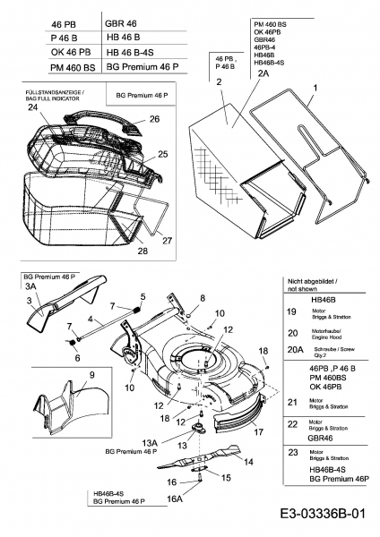 Ersatzteile MTD Benzin Rasenmäher ohne Antrieb P 46 B Typ: 11C-J10G615  (2008) Grasfangsack, Messer, Motor 