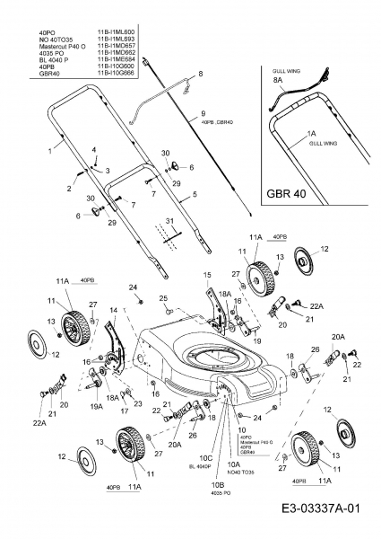 Ersatzteile MTD Benzin Rasenmäher ohne Antrieb 40 PO Typ: 11B-I1ML600  (2007) Höhenverstellung, Holm, Räder 
