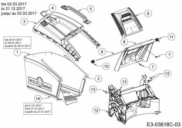 Ersatzteile WOLF-Garten Benzin Rasenmäher mit Antrieb A 460 AHW Typ: 12B-TVSC650  (2017) Grasfangsack, Heckklappe, Leitstück hinten bis 02.03.2017 