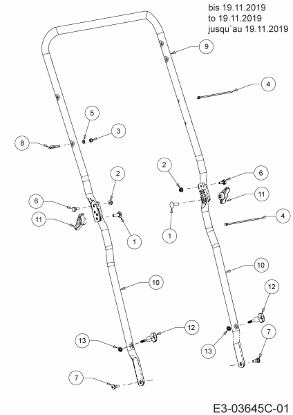 Ersatzteile MTD Benzin Rasenmäher mit Antrieb SP 46 B Typ: 12B-TABG600 (2020) Holm bis 19.11.2019 