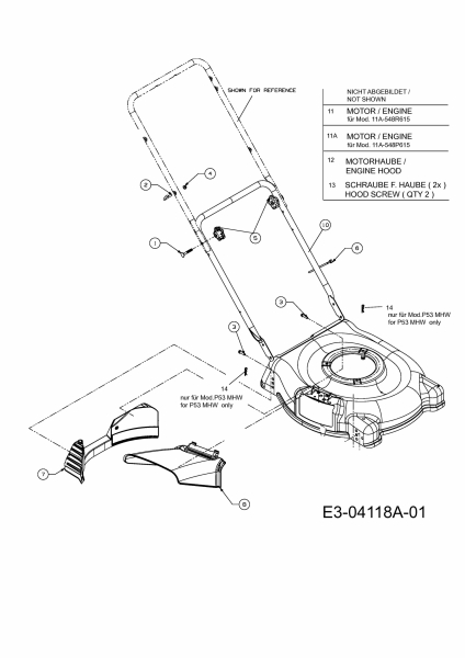 Ersatzteile MTD Benzin Rasenmäher ohne Antrieb P 53 M Typ: 11A-438P615  (2008) Leitstück hinten, Unterholm, Motor 
