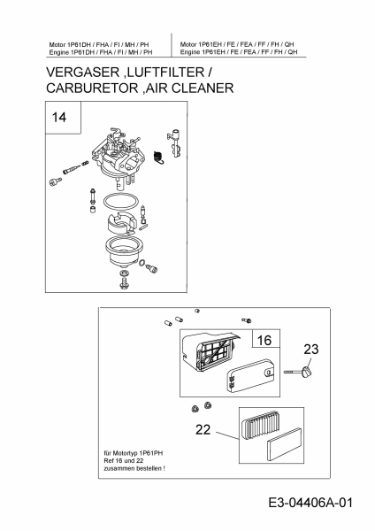 Ersatzteile MTD-Motoren Vertikal 1P61FH Typ: 752Z1P61FH  (2008) Vergaser, Luftfilter