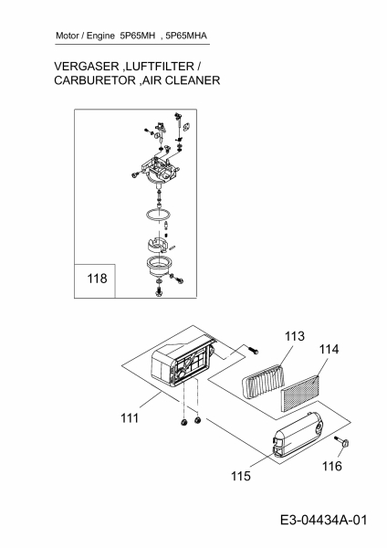 Ersatzteile MTD-Motoren Vertikal 5P65MH Typ: 752Z5P65MH  (2008) Luftfilter, Vergaser