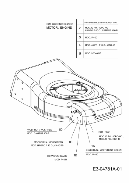 Ersatzteile WOLF-Garten Benzin Rasenmäher ohne Antrieb Campus 400 B Typ: 6041000 Serie A  (2009) Mähwerksgehäuse 