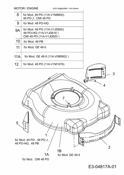Ersatzteile MTD Benzin Rasenmäher ohne Antrieb GE 48-5 Typ: 11A-V08R602  (2009) Mähwerksgehäuse, Motor 