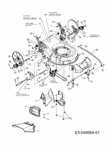 Ersatzteile Mac Allister Motormäher mit Antrieb 5048 BHW Typ: 12A-128F668  (2009) Höhenverstellung, Mähwerksgehäuse, Räder