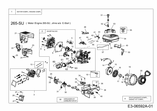 Ersatzteile MTD-Motoren Horizontal 265-SU (ohne Elektrostarter) Typ: 752Z165-SHB  (2011) Motor