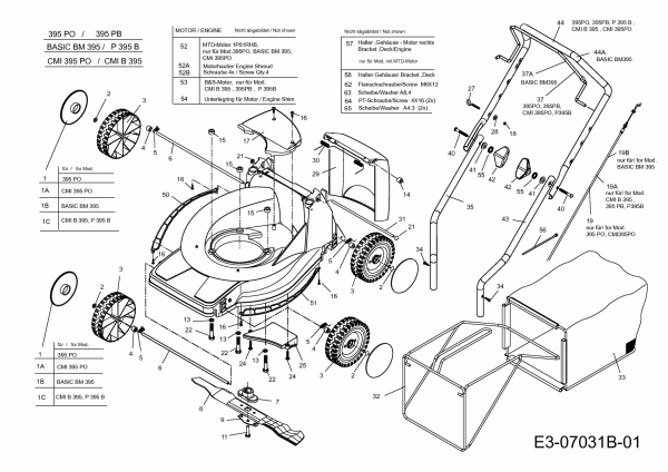 Ersatzteile MTD Benzin Rasenmäher ohne Antrieb 395 PO Typ: 11CBB1JD600  (2012) Grundgerät 