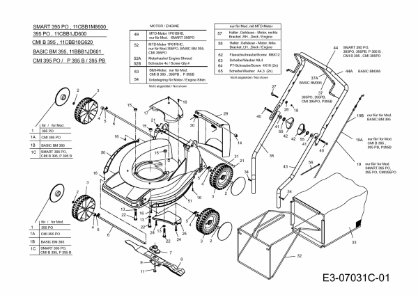 Ersatzteile MTD Benzin Rasenmäher ohne Antrieb Smart 395 PO Typ: 11CBB1M8600  (2013) Grundgerät 