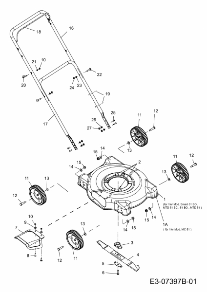 Ersatzteile MTD Benzin Rasenmäher ohne Antrieb 51 BO Typ: 11D-02JR600  (2013) Grundgerät 