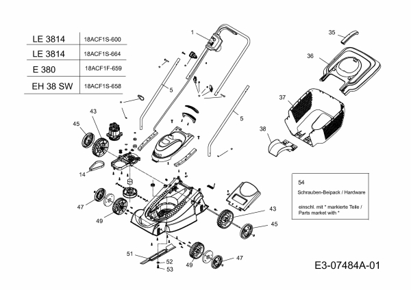 Ersatzteile MTD Elektro Rasenmäher ohne Antrieb LE 3814 Typ: 18ACF1S-664  (2013) Grundgerät 